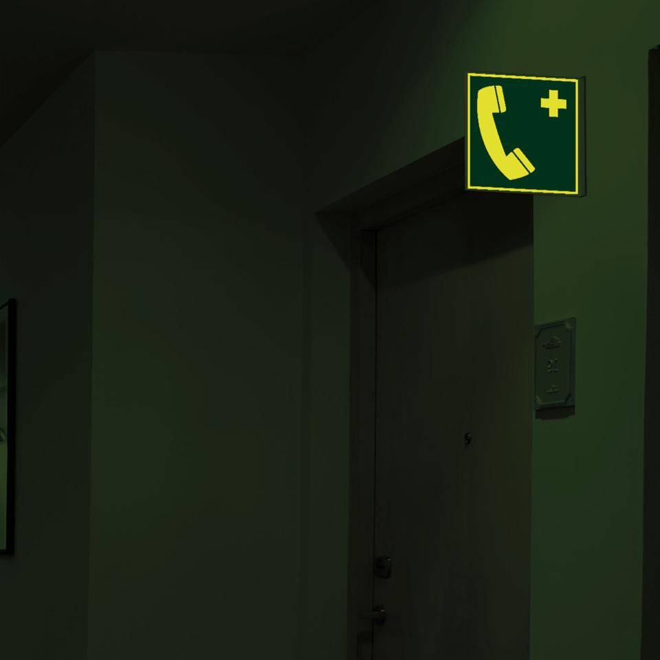 PERMALIGHT® power langnachleuchtend Fahnenschild Notruftelefon, DS, ASR/ISO, Kunststoff, 200x200mm