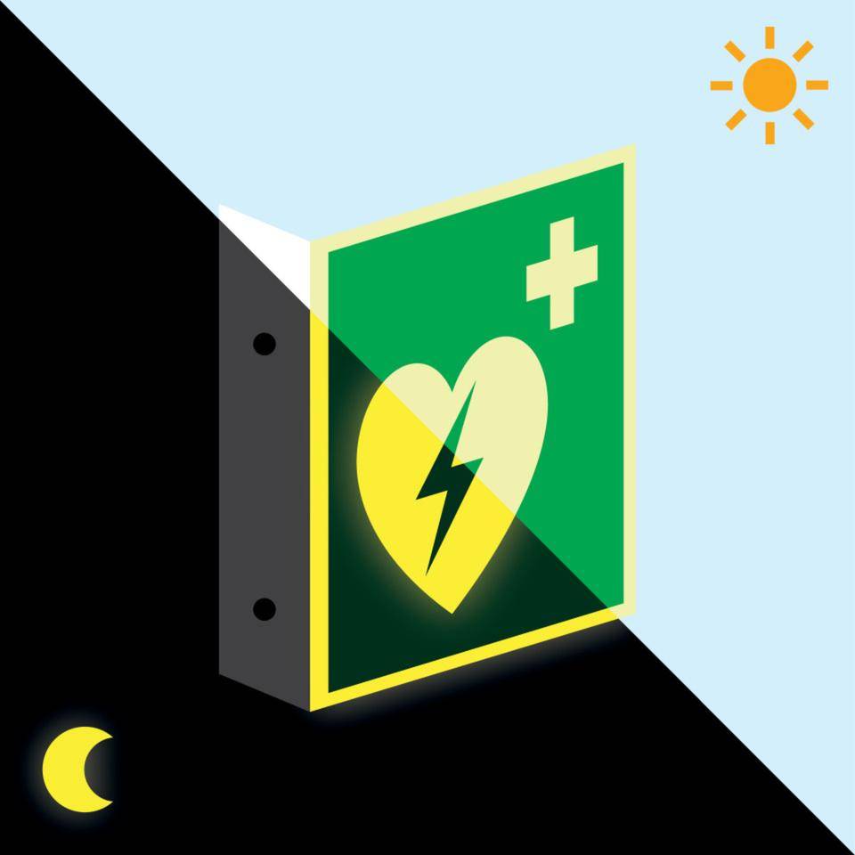 PERMALIGHT® power langnachleuchtend Fahnenschild Automatisierterexterner Defibrillator (AED), DS, ASR, Kunststoff