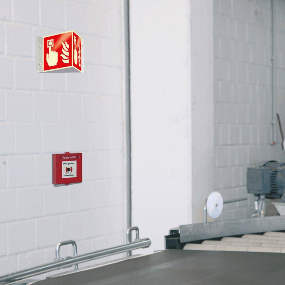 PERMALIGHT® power langnachleuchtend Brandschutz-Nasenschild Brandmelder, Aluminium, 200x200mm, ASR A1.3, DIN EN ISO 7010/F005