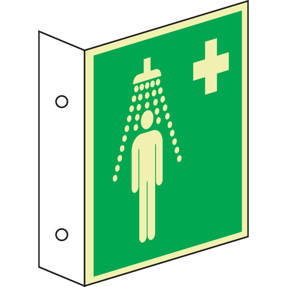 PERMALIGHT® power langnachleuchtend Rettungs-Fahnenschild Notdusche, DS, ASR/ISO, Kunststoff, 200x200mm