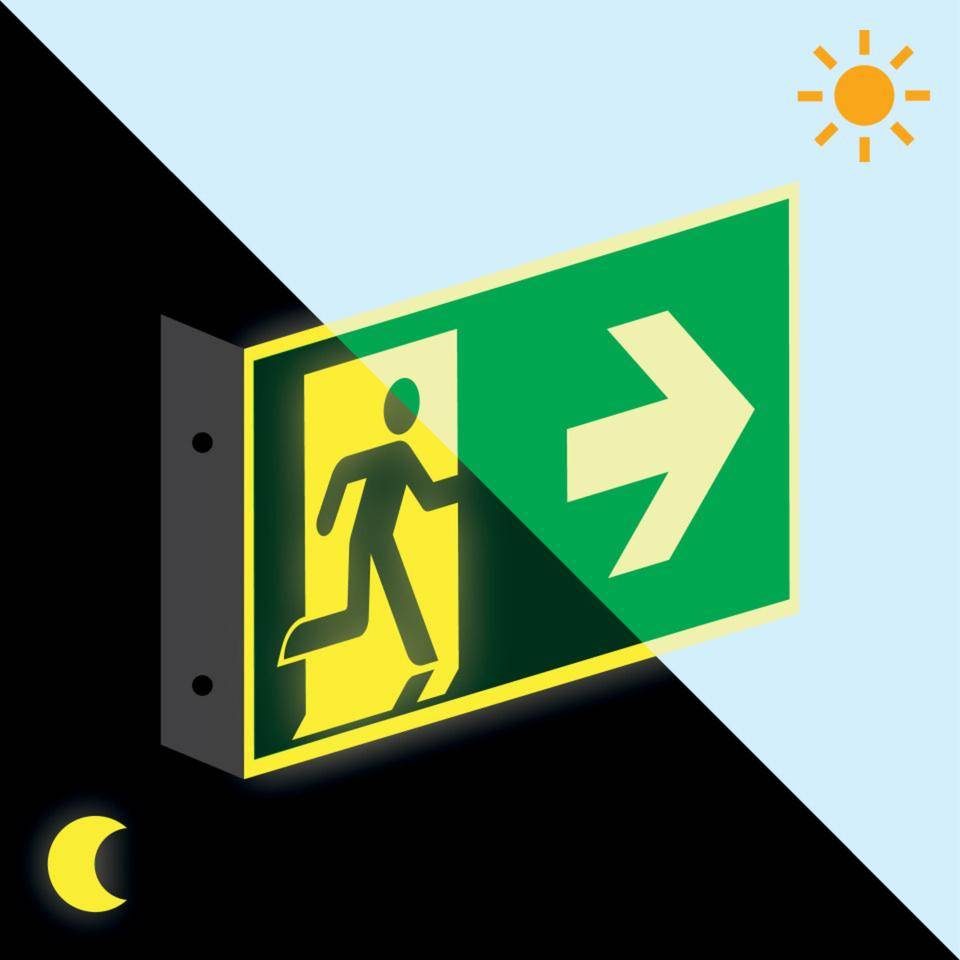 PERMALIGHT® power langnachleuchtend Fahnenschild Rettungsweg rechts/links, ASR/ISO, Kunststoff, 300x150mm