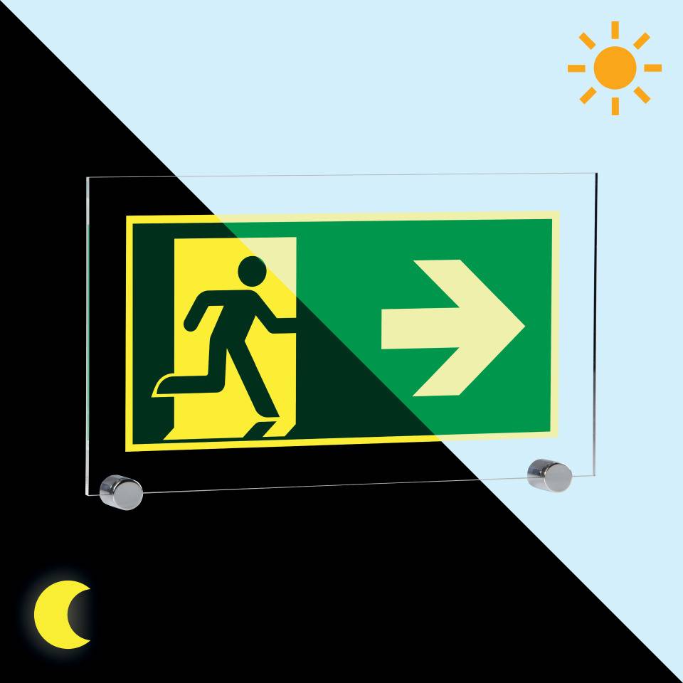 PERMALIGHT® power langnachleuchtend Rettungszeichen Rettungsweg rechts, ASR/ISO, Klemmbefestigung, Acryl, 347x198mm