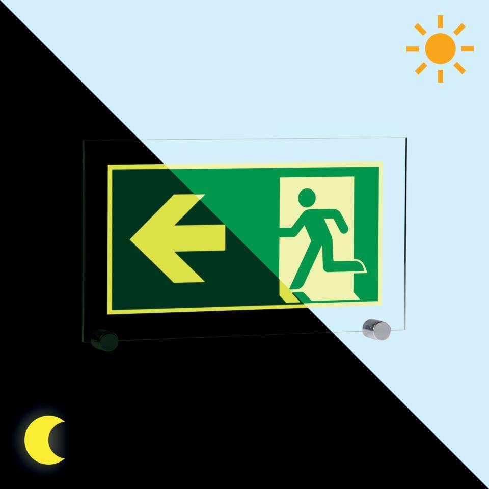 PERMALIGHT® power langnachleuchtend Rettungszeichen Rettungsweg links, ASR/ISO, Klemmbefestigung, Acryl, 347x198mm
