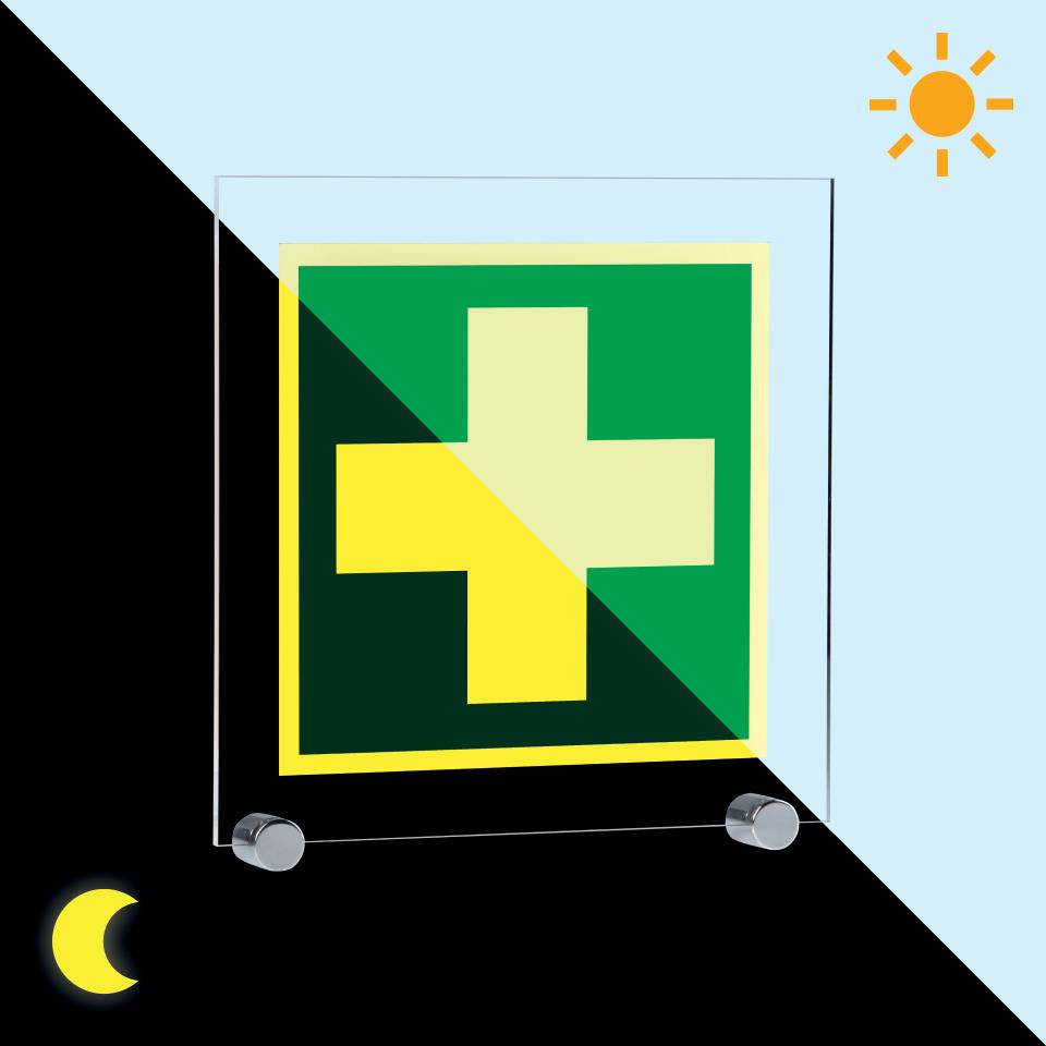 PERMALIGHT® power langnachleuchtend Rettungszeichen Erste Hilfe, ASR/ISO, Klemmbefestigung, Acryl, 250x250mm