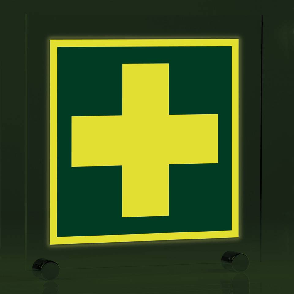 PERMALIGHT® power langnachleuchtend Rettungszeichen Erste Hilfe, ASR/ISO, Klemmbefestigung, Acryl, 250x250mm