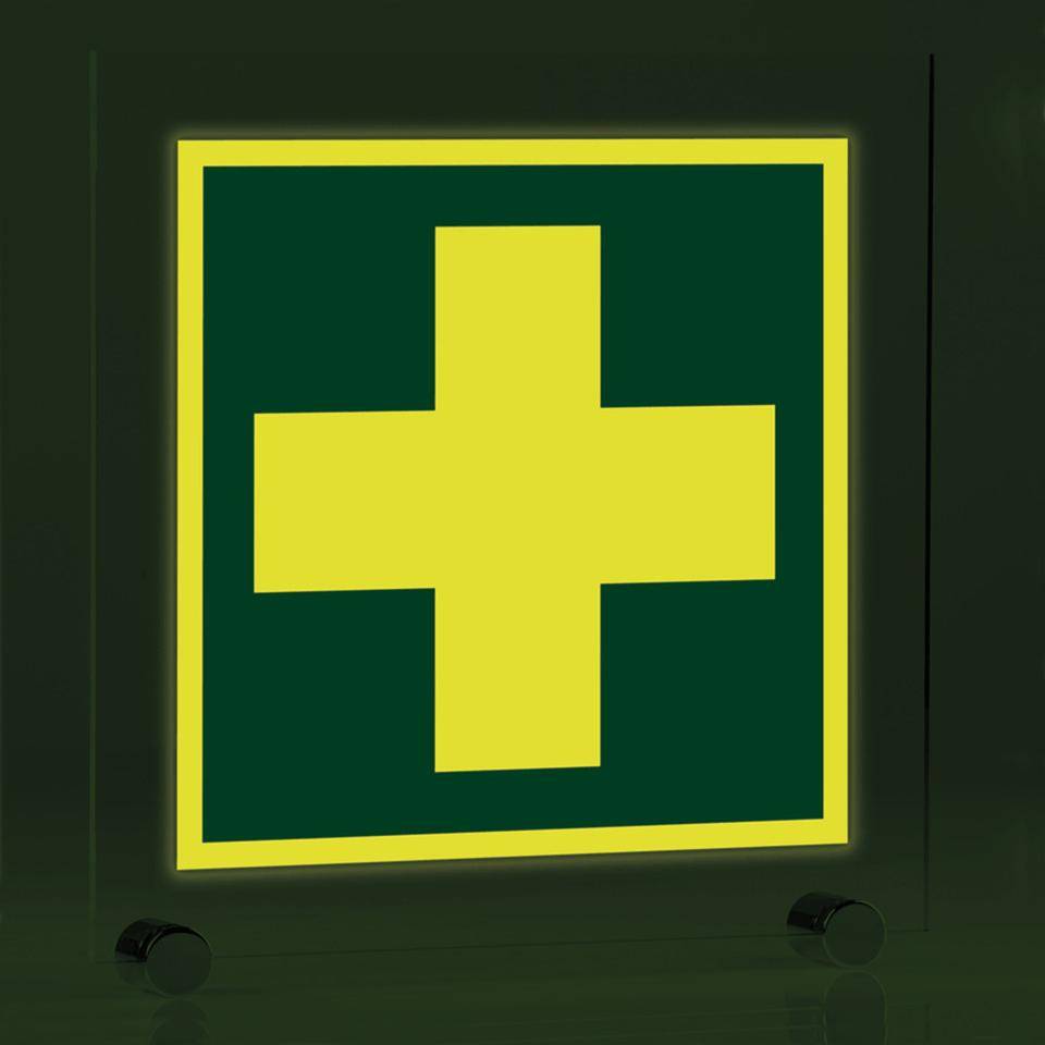 PERMALIGHT® power langnachleuchtend Rettungszeichen Erste Hilfe,ASR/ISO, Klemmbefestigung, Acryl, 250x250mm