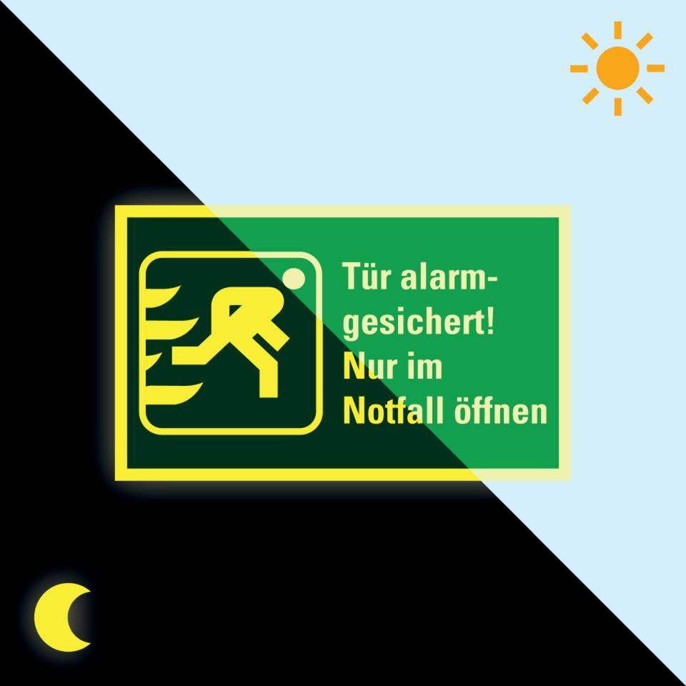 PERMALIGHT® power langnachleuchtend Rettungszeichen Tür alarmgesichert!..., pb., Folie, 200x120mm