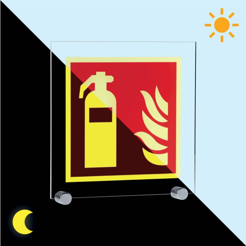 PERMALIGHT® power langnachleuchtend Brandschutz Feuerlöscher, ASR/ISO, mit Klemmbefestigung, Acryl, 250x250mm