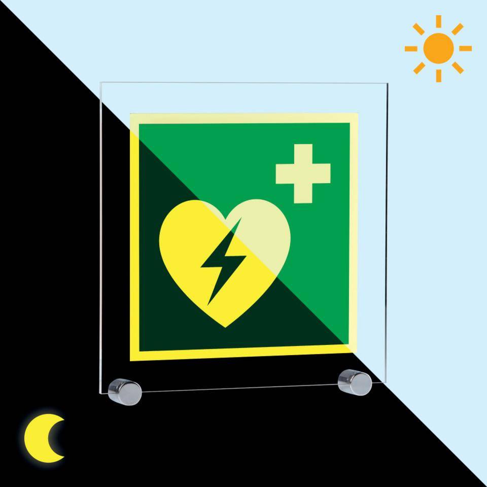 PERMALIGHT® power langnachleuchtend Autom.ext.Defibrillator, ASR, Klemmbefestigung, Acryl, 250x250mm