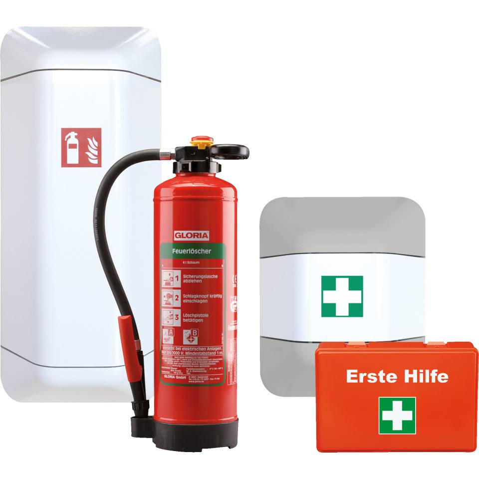 Vorteils-Set Schaumlöscher u. Erste-Hilfe Kasten, mit je 1 Aufbewahrungsschrank, weiß