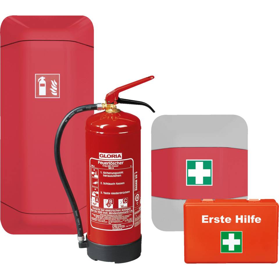 Vorteils-Set Pulverlöscher u. Erste-Hilfe Kasten,mit je 1 Aufbewahrungsschrank,rot