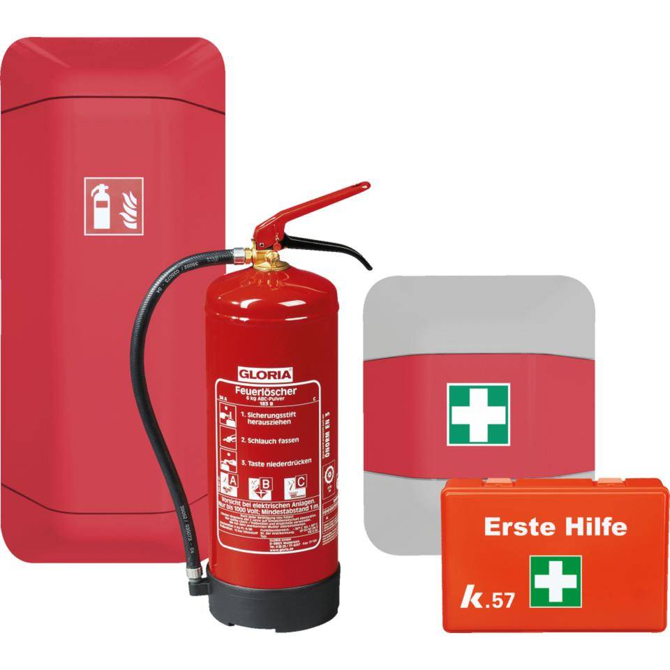 Vorteils-Set Pulverlöscher u. Erste-Hilfe Kasten,mit je 1 Aufbewahrungsschrank,rot