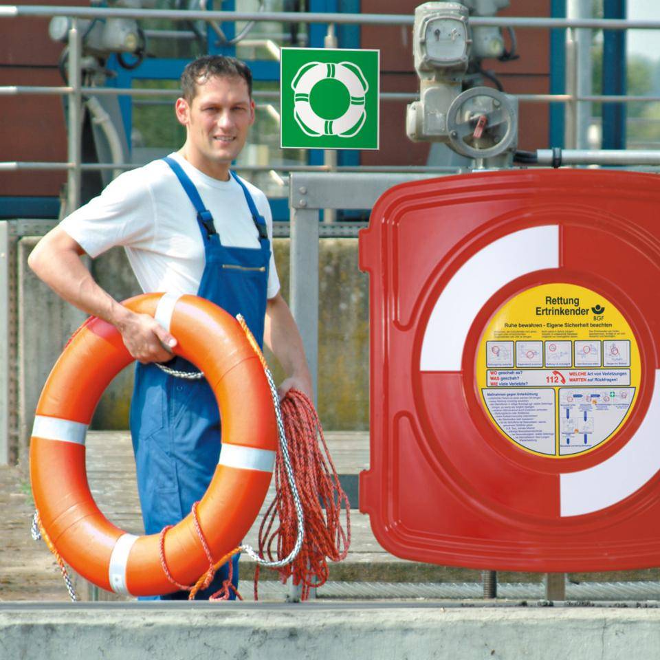 Rettungsring-Standgehäuse-Set, Kasten, Ring, Anleitung, Leine, Pfosten, Bef., 4 T/VE