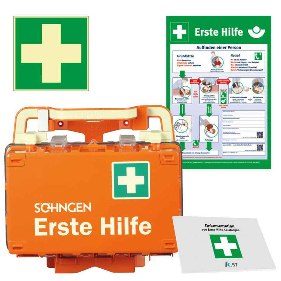 Vorteils-Set SÖHNGEN® Erste-Hilfe-Koffer DYNAMIC-GLOW S, Rettungszeichen, Verbandblock, Aushang