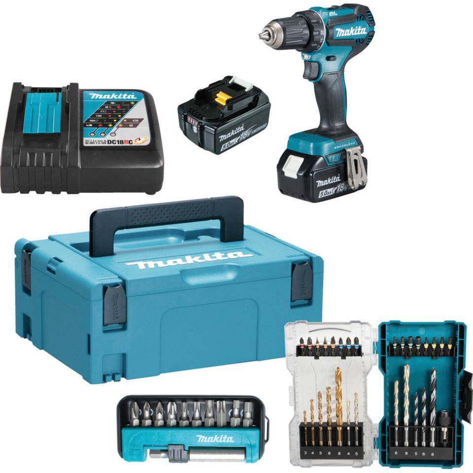 Vorteils-Set Makita Akku-Bohrschrauber DDF485RTJ, Bit-Sets E-07054 und D-65006