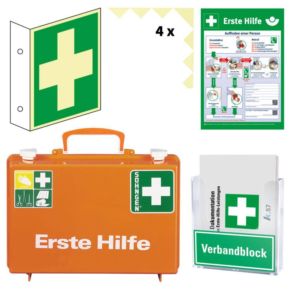 Vorteils-Set Erste-Hilfe-Koffer Junior, PERMALIGHT® power Türwinkel, Rettungszeichen, Aushang, Verbandblock