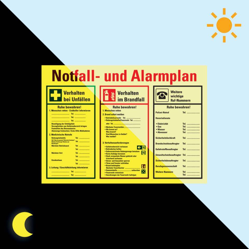 PERMALIGHT® power langnachleuchtend Notfall- und Alarmplan, mit Piktogrammen, Kunststoff, 700x500mm