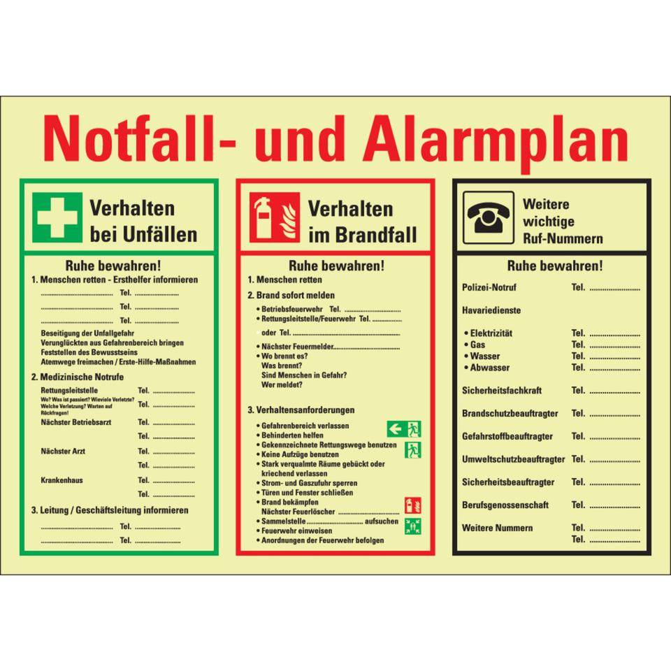 PERMALIGHT® power langnachleuchtend Notfall- und Alarmplan, mit Piktogrammen, Kunststoff, 700x500mm