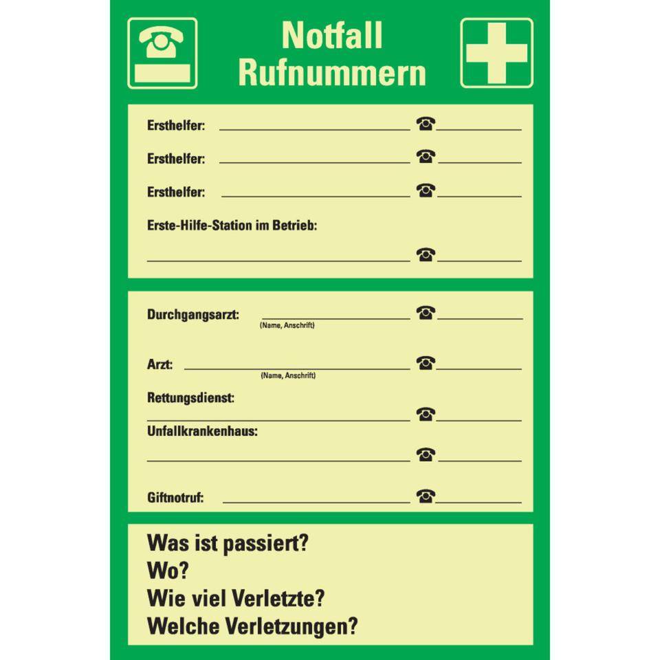 PERMALIGHT® power langnachleuchtend Aushang Notfall Rufnummern, Kunststoff, 200x300mm