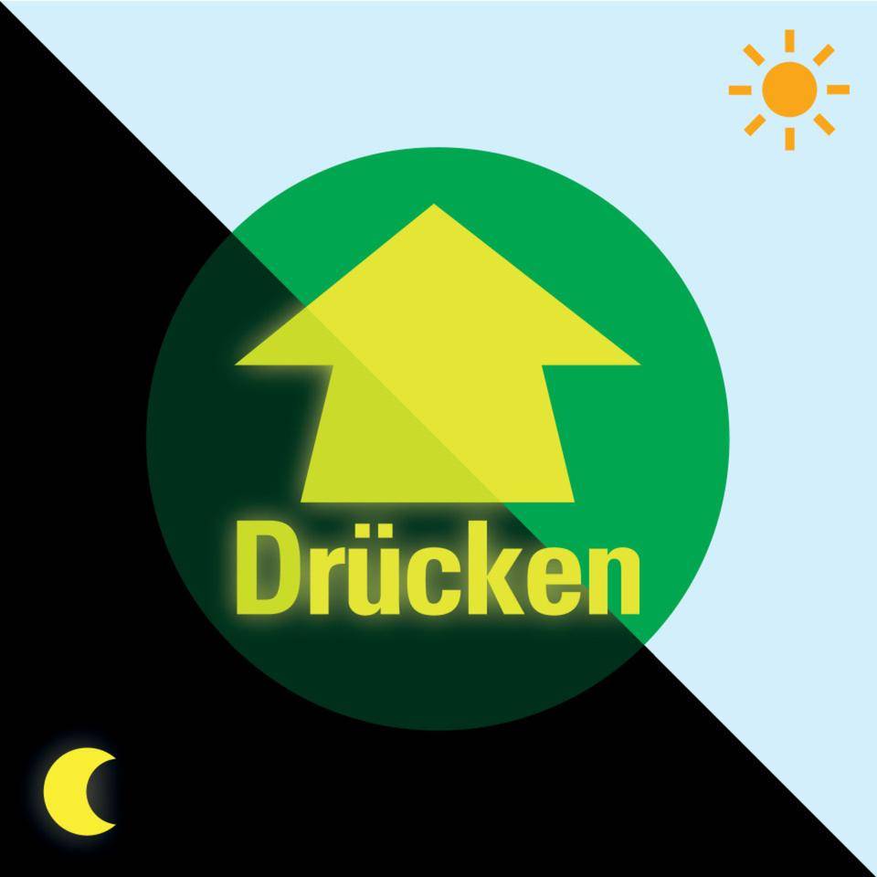 PERMALIGHT® power langnachleuchtend Türhinweis Drücken mit Pfeil, grün, Folie, fluoreszierend, Ø 100mm