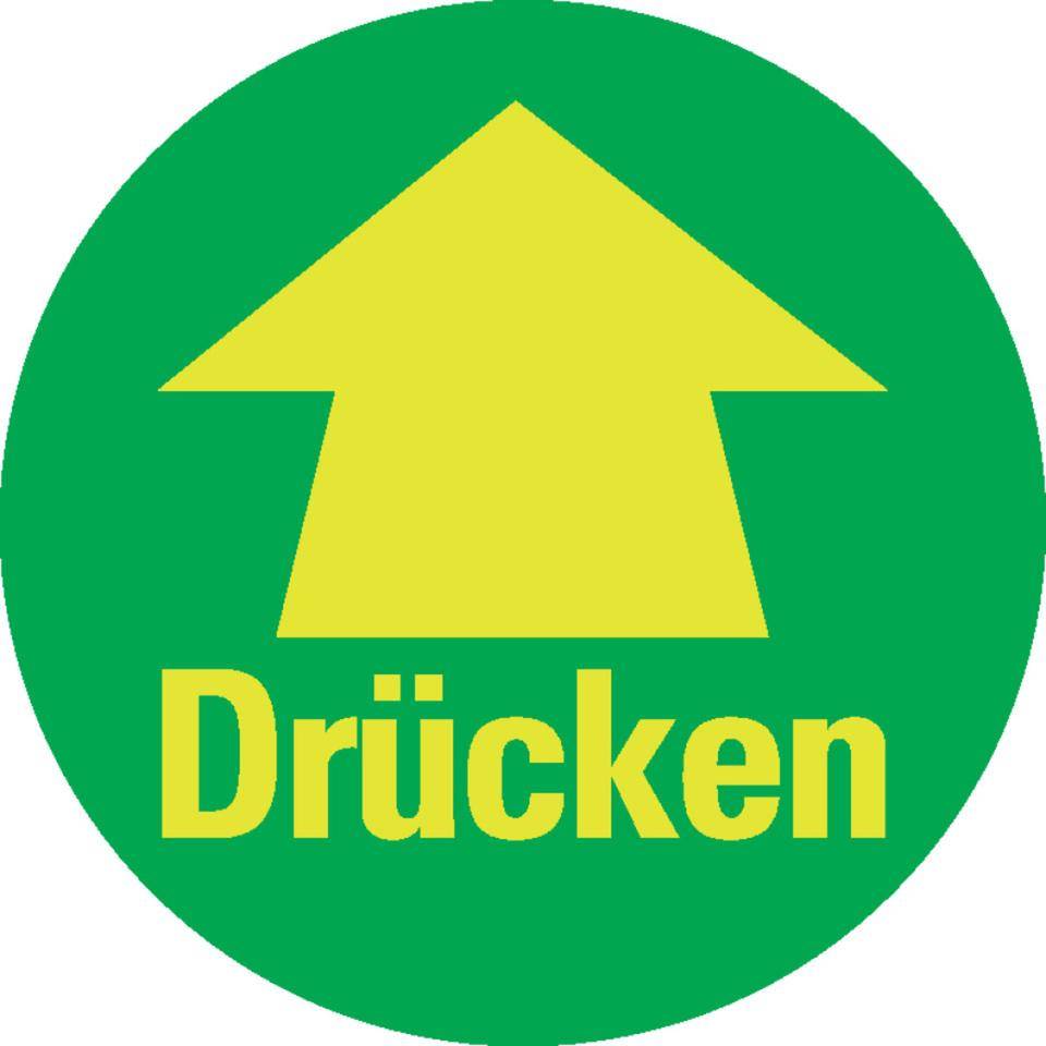 PERMALIGHT® power langnachleuchtend Türhinweis Drücken mit Pfeil, grün, Folie, fluoreszierend, Ø 100mm