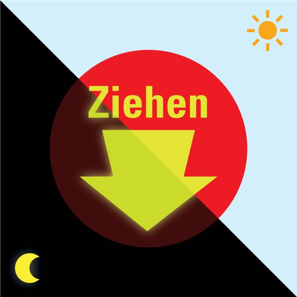 PERMALIGHT® power langnachleuchtend Türhinweis Ziehen mit Pfeil,rot, Folie, fluoreszierend, Ø 100mm