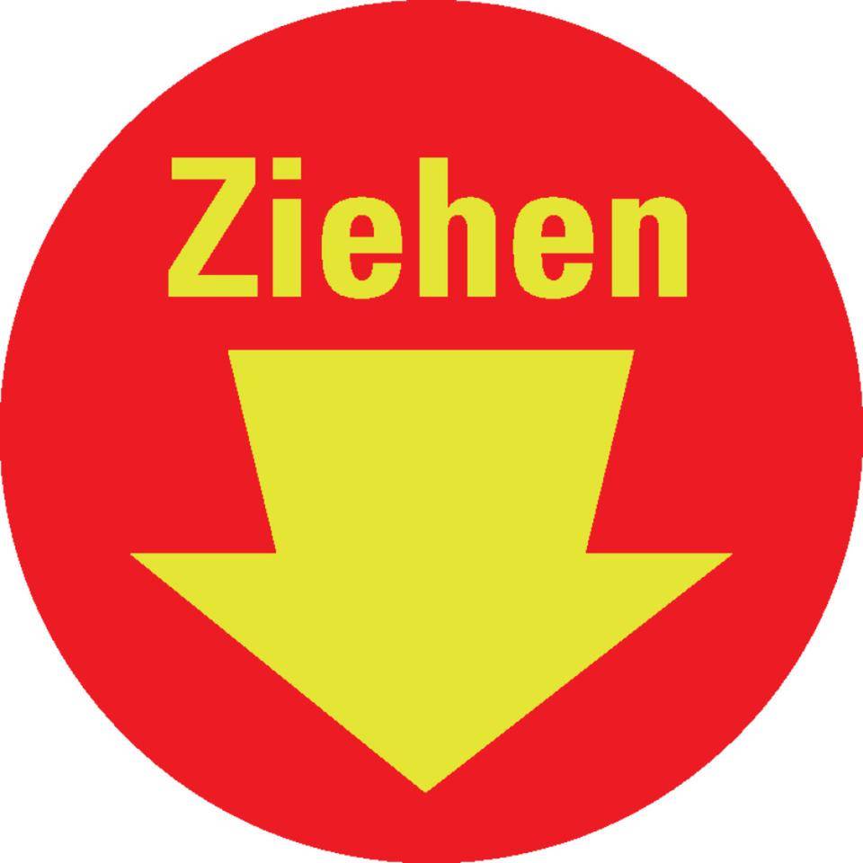 PERMALIGHT® power langnachleuchtend Türhinweis Ziehen mit Pfeil,rot, Folie, fluoreszierend, Ø 100mm