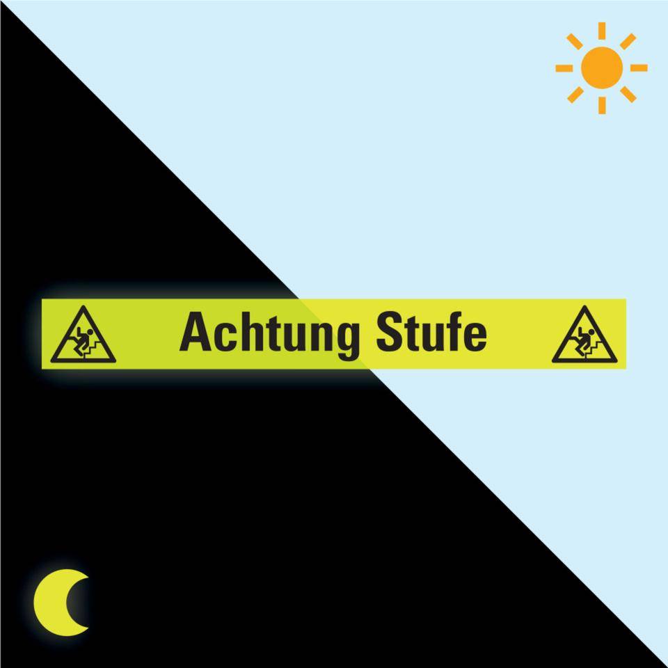 PERMALIGHT® power langnachleuchtend Treppenmarkierung Achtung Stufe, R10, ISO, fluoreszierend, 1000x120mm