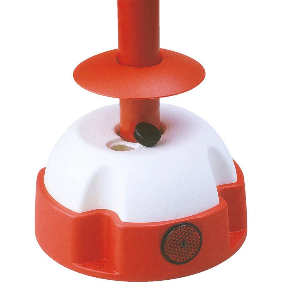 Absperrpfosten Mark, mit 4 Ösen-Kopf, ungefüllt, rot/weiß, 970x60 mm, Sockel Ø330mm