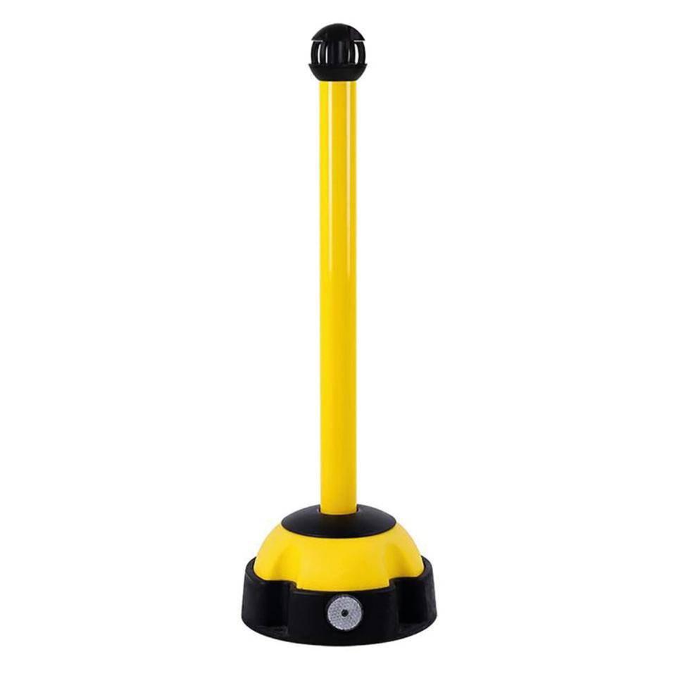 Absperrpfosten Mark, mit 4 Ösen-Kopf, ungefüllt, gelb/schwarz, 970x60 mm, Sockel Ø330mm