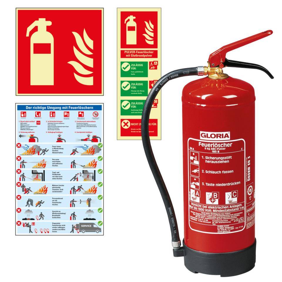Vorteils-Set Feuerlöscher, Pulver-Feuerlöscher, 2 Aushänge und Brandschutzzeichen Feuerlöscher