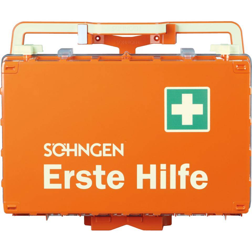 SÖHNGEN® Erste-Hilfe-Koffer DYNAMIC-GLOW L, DIN 13169, orange, inkl. Wandhalterung