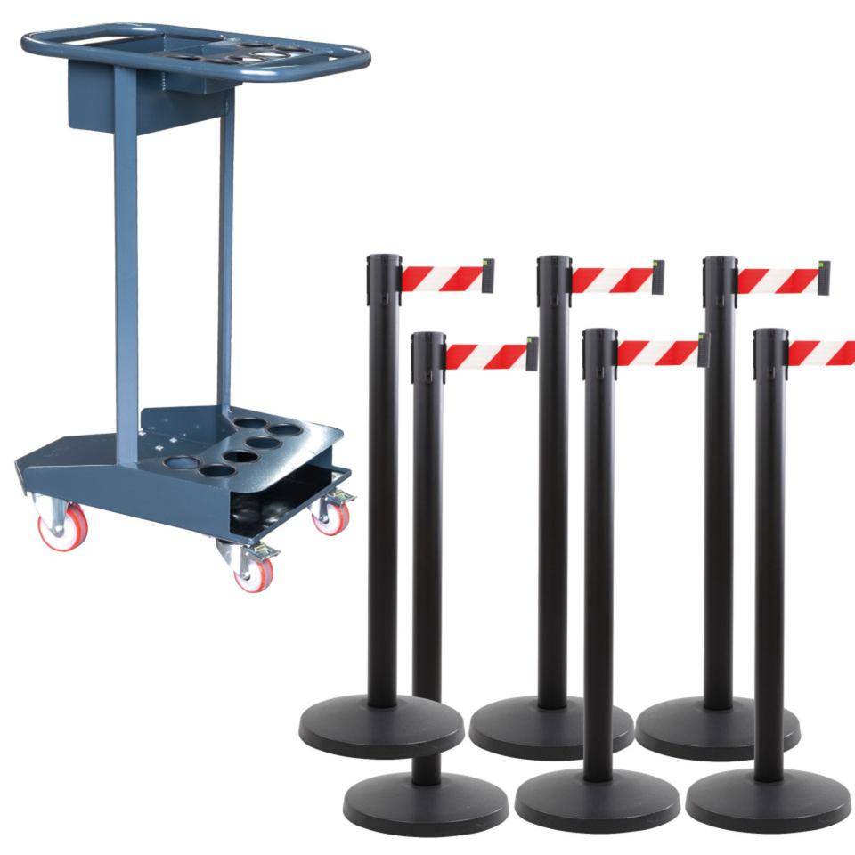 Transportwagen-Set mit Gurtpfosten Stahl, schwarz, Gurt rot/weiß, K.57 Caddie