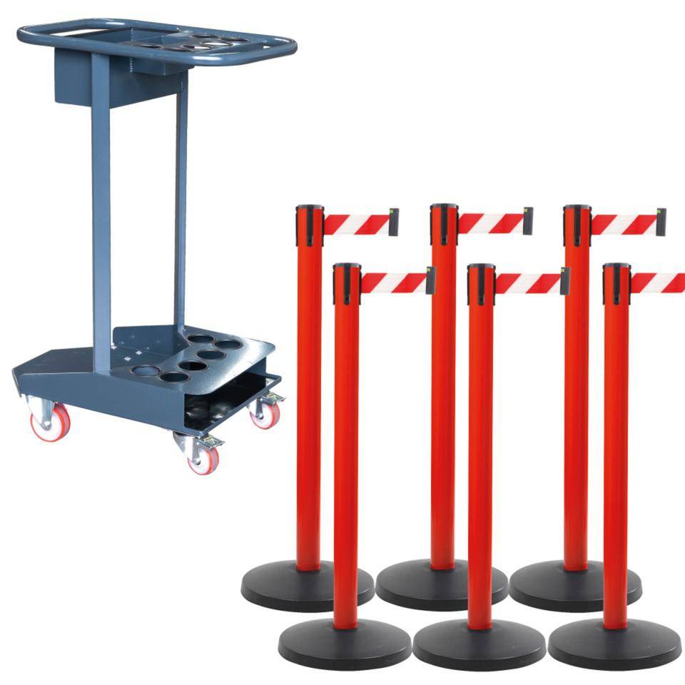 Transportwagen-Set mit Gurtpfosten Stahl, rot, Gurt rot/weiß, K.57 Caddie