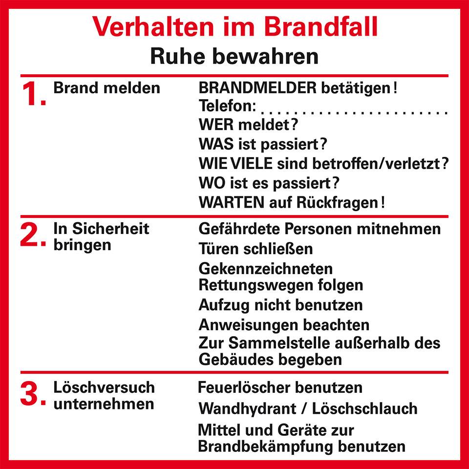 Verhaltensregeln Verhalten im Brandfall, Folie, selbstklebend, 80x80mm