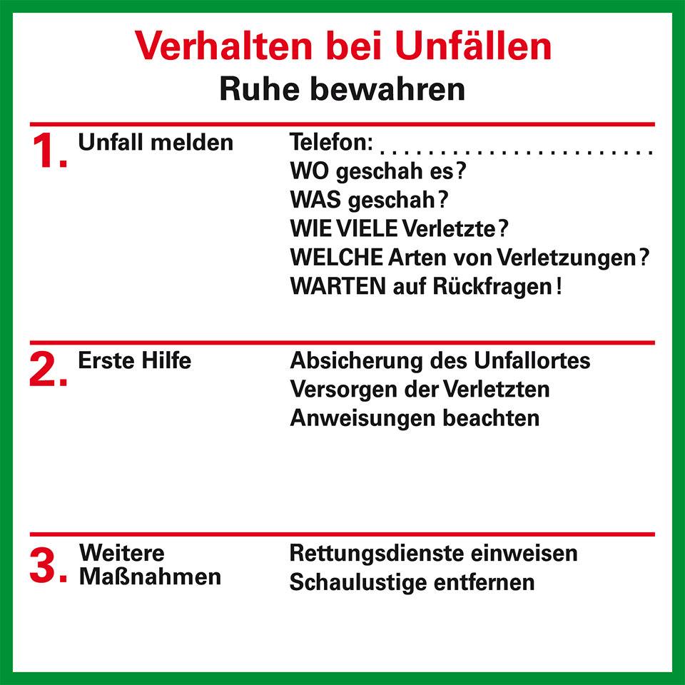 Verhaltensregeln Verhalten bei Unfällen, Folie, selbstklebend, 80x80mm