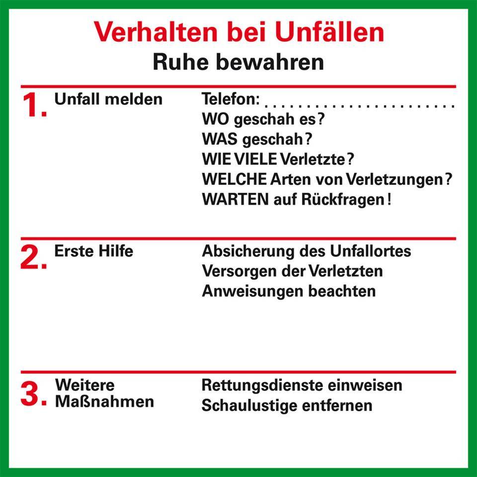 Verhaltensregeln Verhalten bei Unfällen, Folie, selbstklebend, 80x80mm