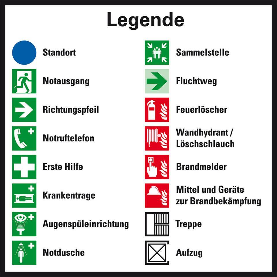 Legende für Flucht- und Rettungspläne, ISO 7010, Folie, selbstklebend, 80x80mm