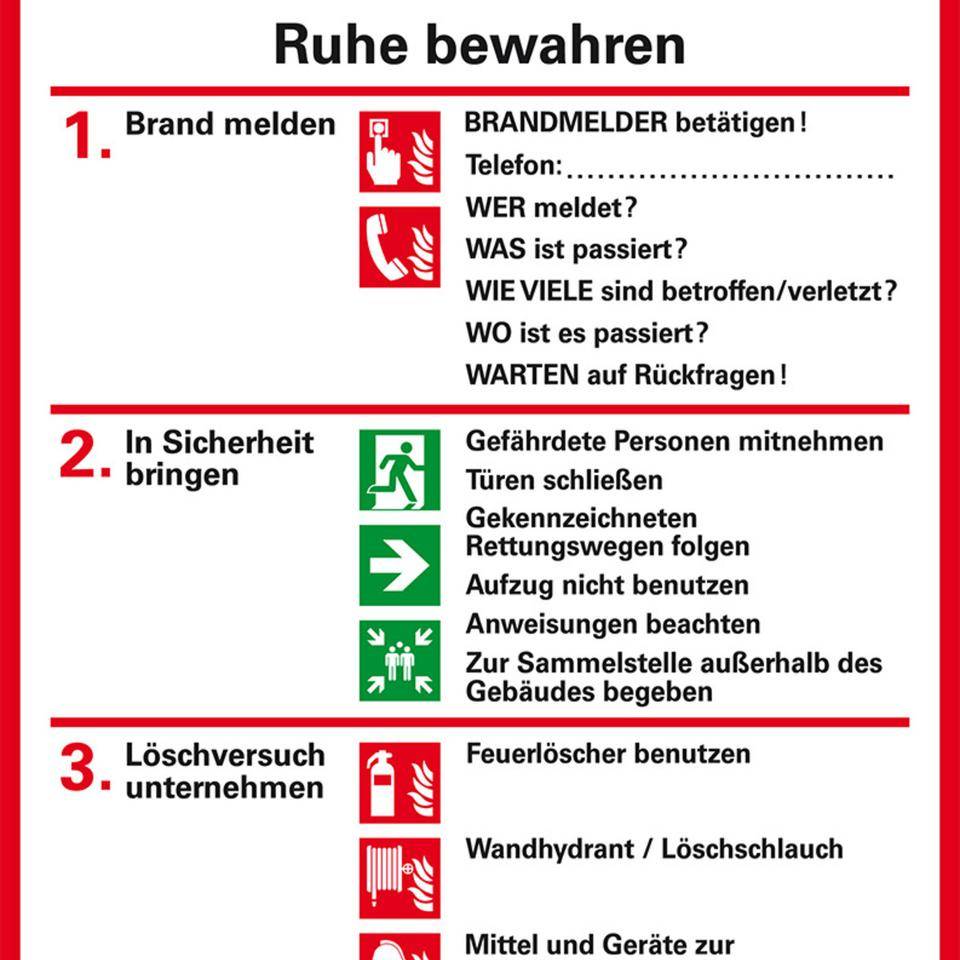 Verhaltensregeln Verhalten im Brandfall, ISO 7010, Folie, selbstklebend, 95x115mm