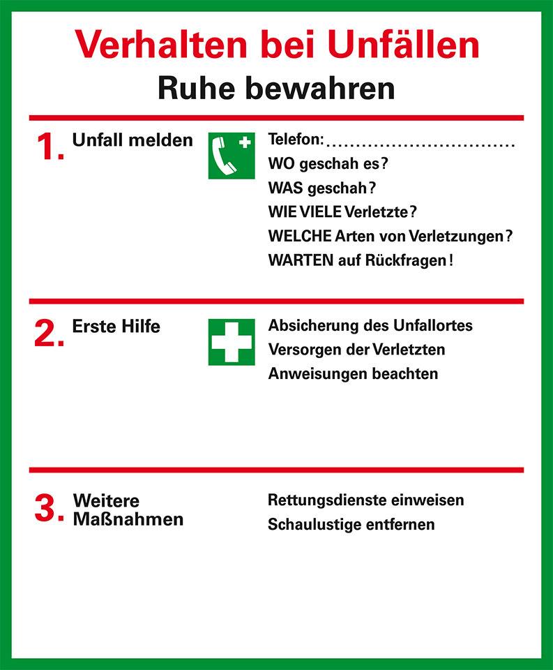 Verhaltensregeln Verhalten bei Unfällen, ISO 7010, Folie, selbstklebend, 95x115mm