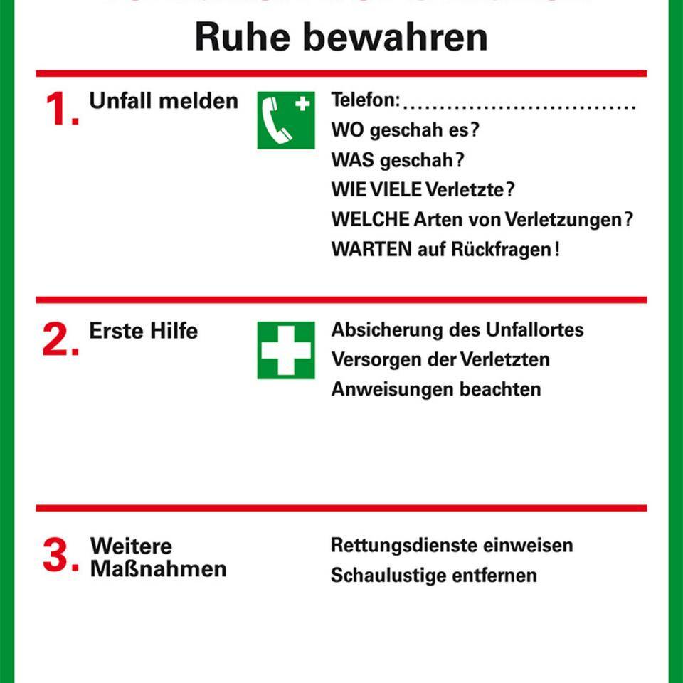 Verhaltensregeln Verhalten bei Unfällen, ISO 7010, Folie, selbstklebend, 95x115mm