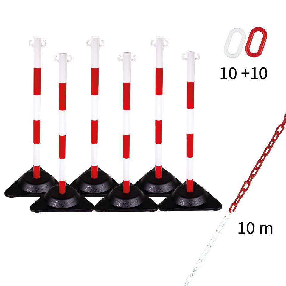 Absperrpfosten-Set Clever, rot/weiß, Kunststoff, Kette, 10m, 10 Verbindungsglieder
