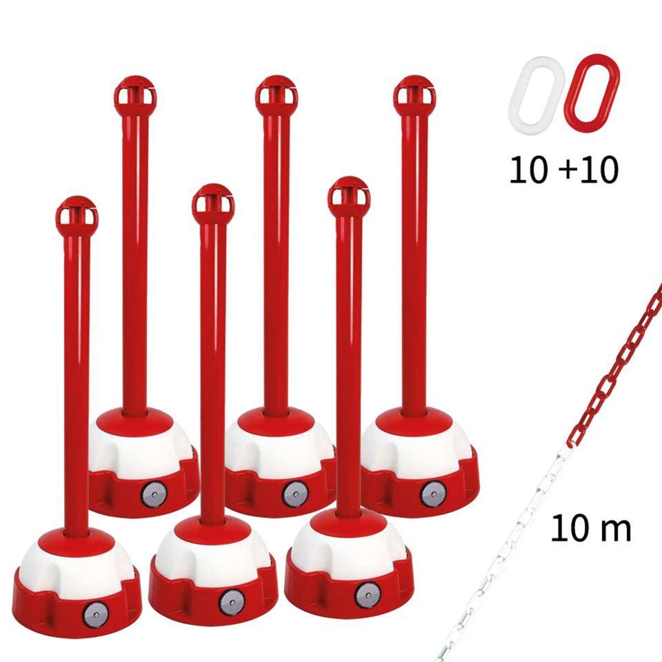 Absperrpfosten-Set Mark, rot/weiß, Kunststoff, Kette, 10m, 10 Verbindungsglieder
