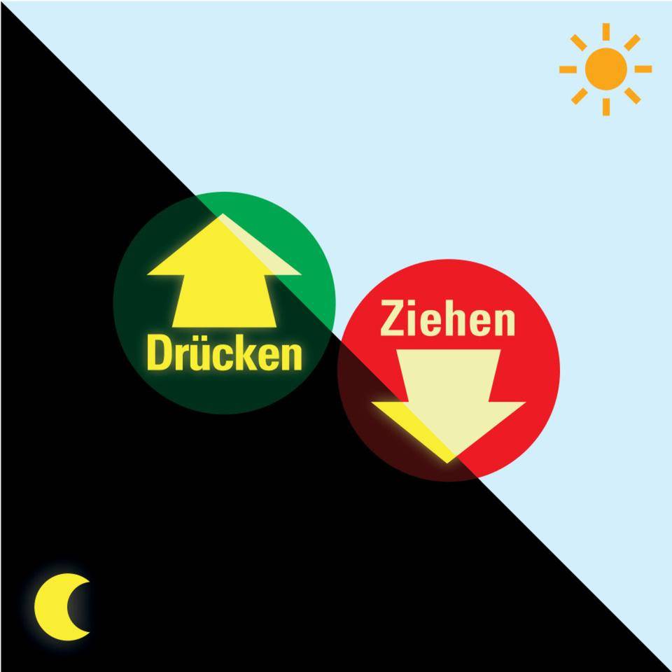 PERMALIGHT® power langnachleuchtend Türhinweis Drücken und Ziehen, doppelseitig, Folie, selbstklebend,Ø 100mm