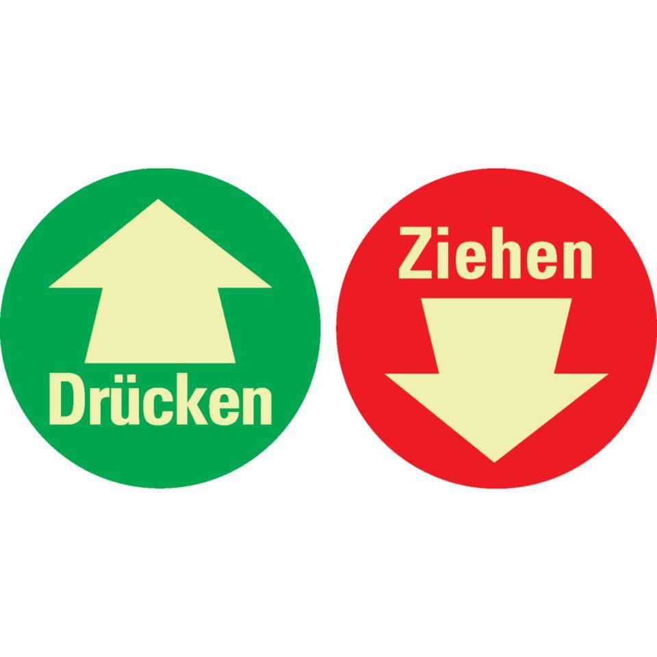 PERMALIGHT® power langnachleuchtend Türhinweis Drücken und Ziehen, doppelseitig, Folie, selbstklebend,Ø 100mm