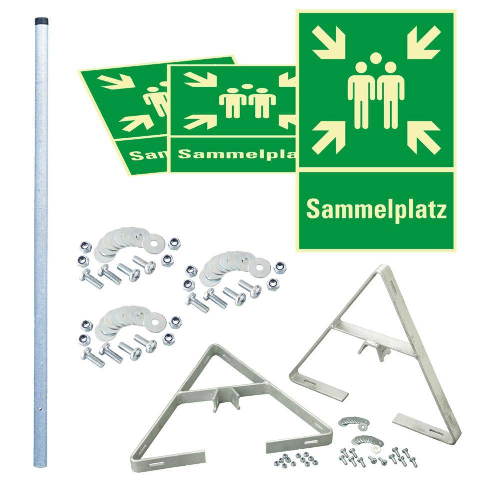 PERMALIGHT® power langnachleuchtend Dreieckset Kombi. Sammelstelle, 400x400mm, Pfosten/Befestigung