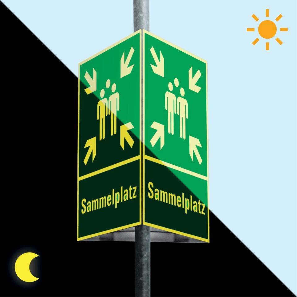 PERMALIGHT® power langnachleuchtend Dreieckset Kombi. Sammelstelle, 400x400mm, Pfosten/Befestigung