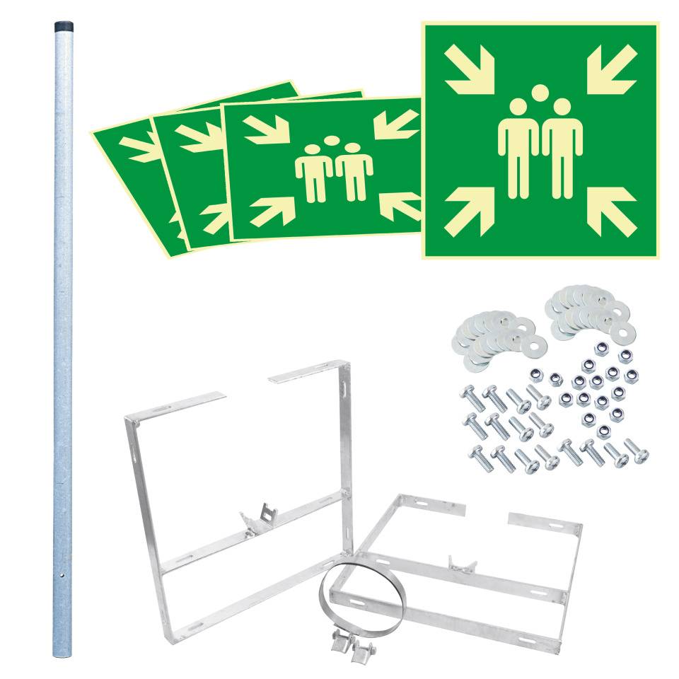 PERMALIGHT® power langnachleuchtend Würfelset Rettungszeichen Sammelstelle, 400x400mm, Pfosten/Befestigung
