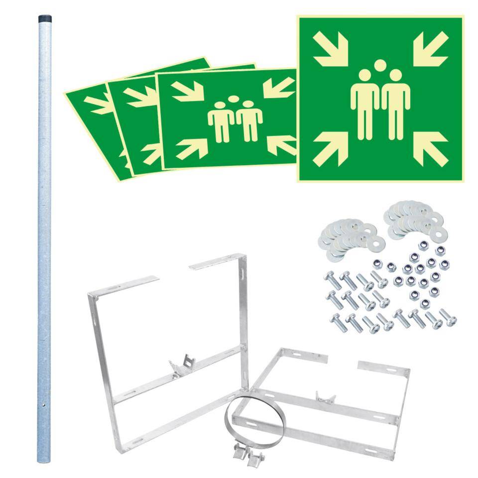 PERMALIGHT® power langnachleuchtend Würfelset Rettungszeichen Sammelstelle, 400x400mm, Pfosten/Befestigung
