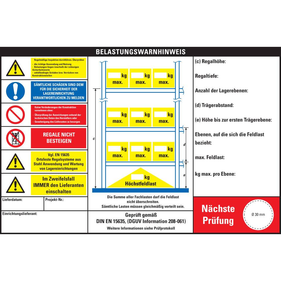Belastungswarnhinweis für Palettenregale, 3 Plätze, DIN, Kunststoff, 300x200mm